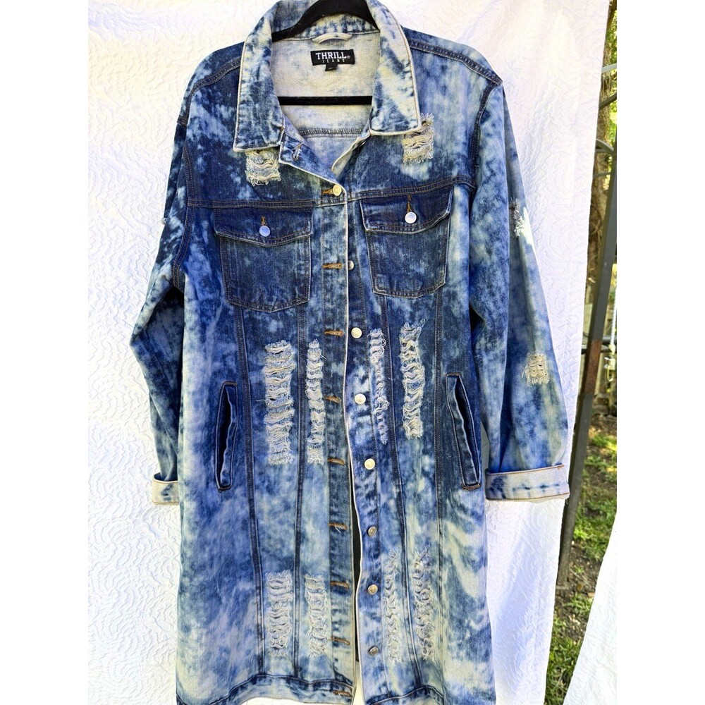 Thrill Jeans Women's Blue Acid Wash Distressed Long Denim Jacket Button Front 3X